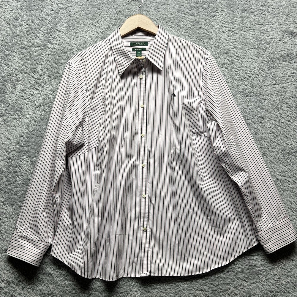 Lauren Ralph Lauren Top 2X White Pink Black Stripe Non Iron Button Up Shirt